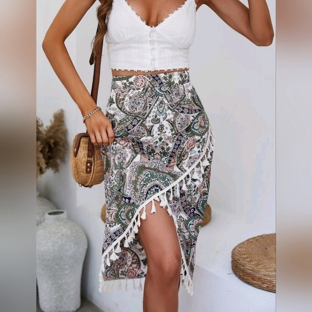 Boho Paisley Fringe Wrap Midi Skirt - White & Green